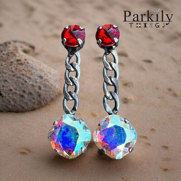Handcrafted Earrings With Sparkly Red and AB Swarovski Crystals on a Chain - Picture 1 of 4